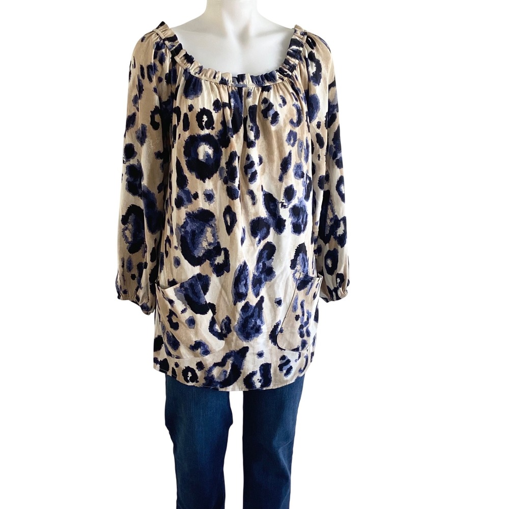 St. John Silk Blend‎ Blue Tan Leopard Print Tunic Top Pockets Small